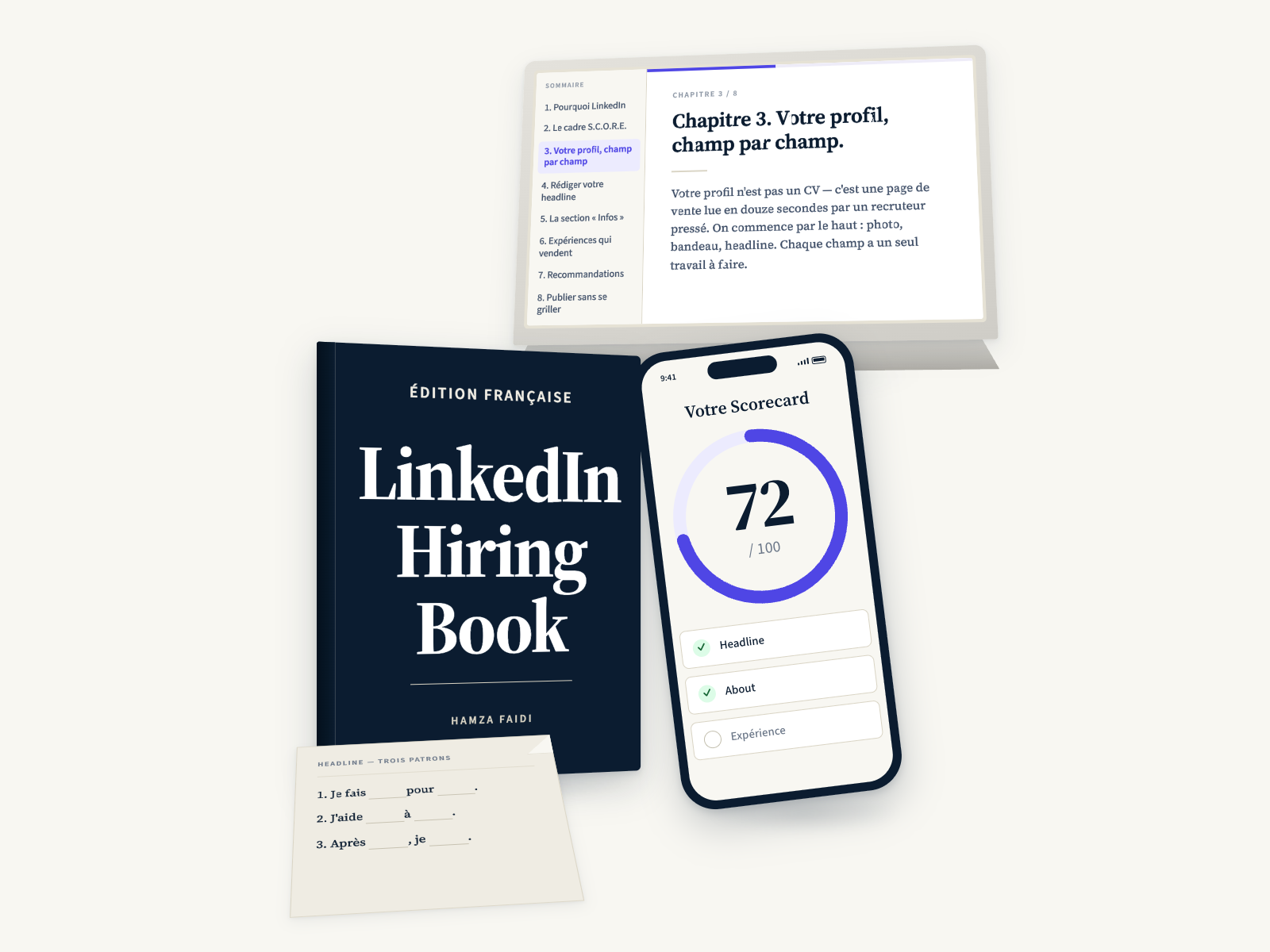 La plateforme The Hire-Me Playbook : le playbook, le lecteur web, la Scorecard sur mobile, et les modèles du Companion Kit.