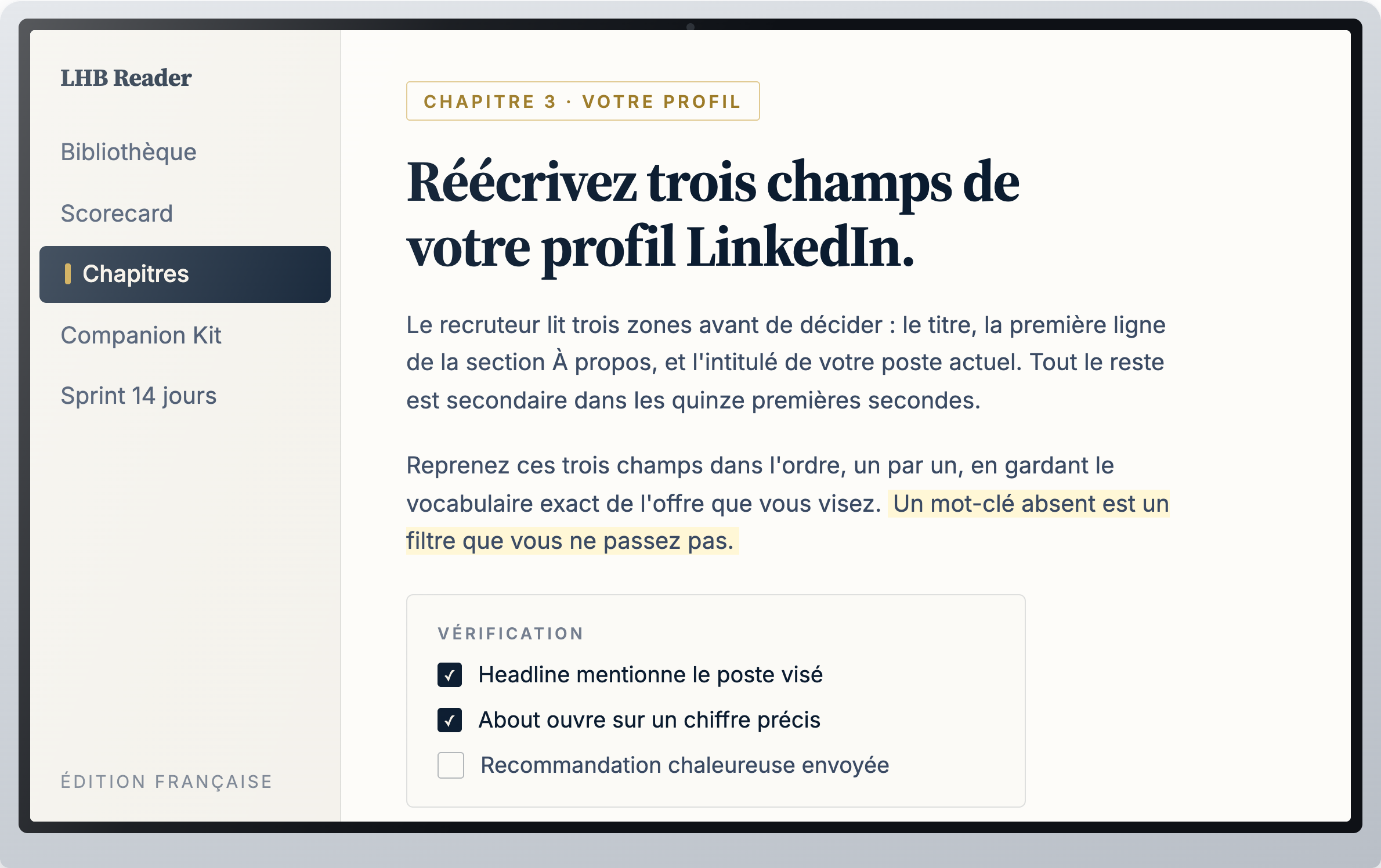 Le lecteur web — chapitre en cours de lecture, avec liste de vérification qui sauvegarde la progression.