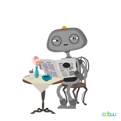 An adorable robot skims a paper with a suspicious look