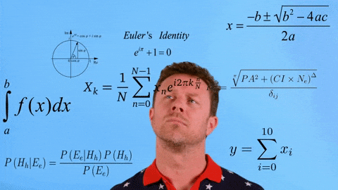 A man looks up at math equations floating around him